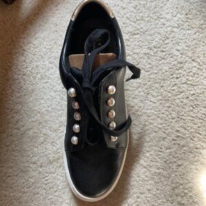 Alex Marie Wrenna Pearl Stud Embellished Black Leather Platform Sneakers 8.5